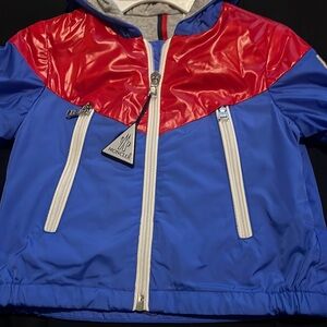 Blue and Red Moncler jacket for baby. Size is 12-18 months.Worn once for 2 hours